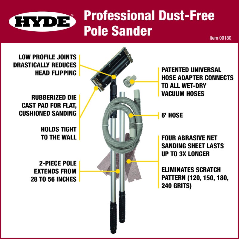 HYDE 09180 Dust-Free Vacuum Sander, Professional Pole Sander - Image 2